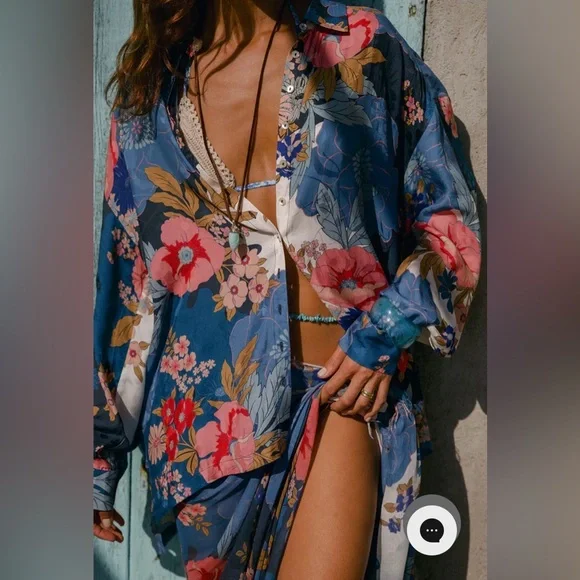 Spell/Free People Tyler Printed Shirt in Blue Shadow Size S. NWT